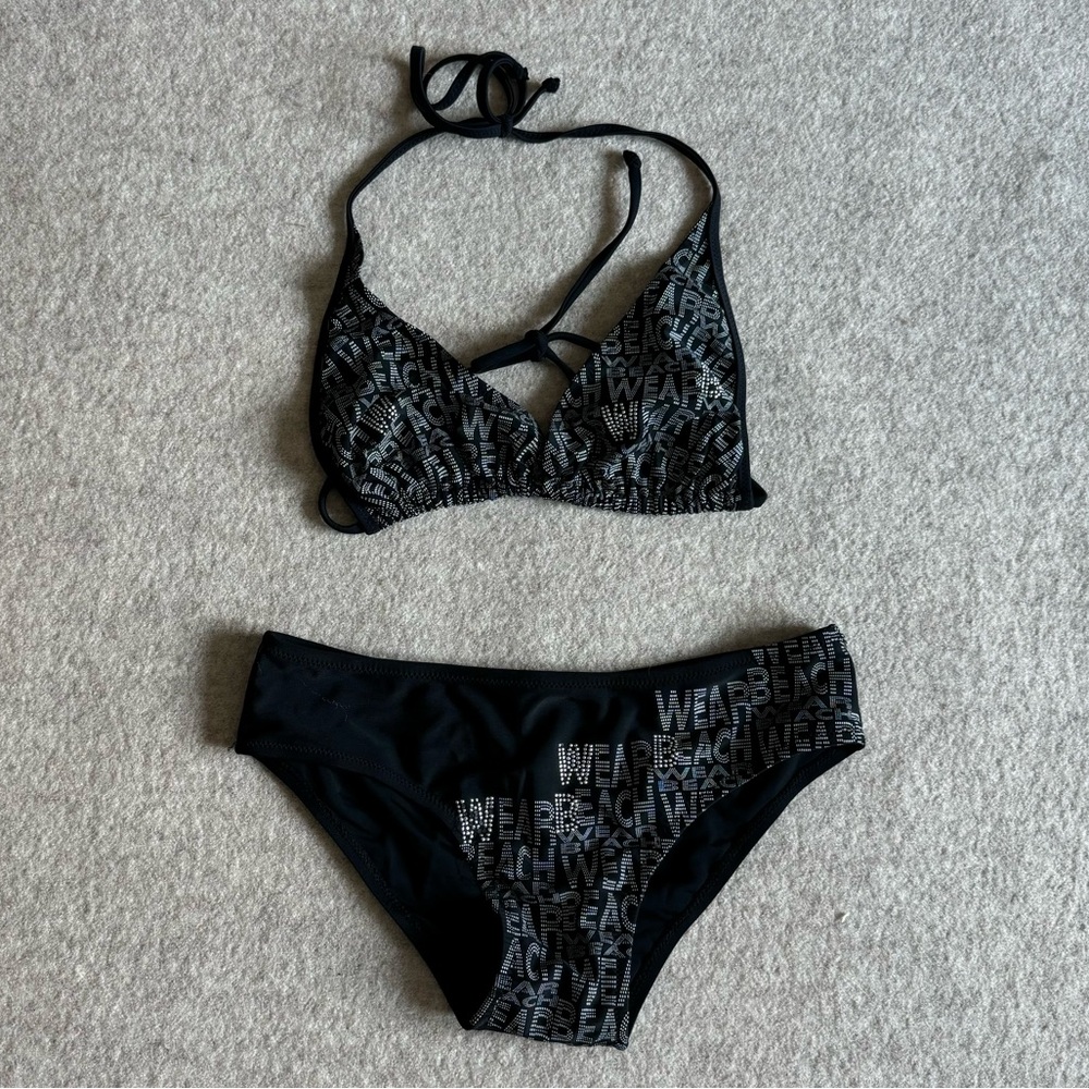 Black print bikini set with rhinestone detailing